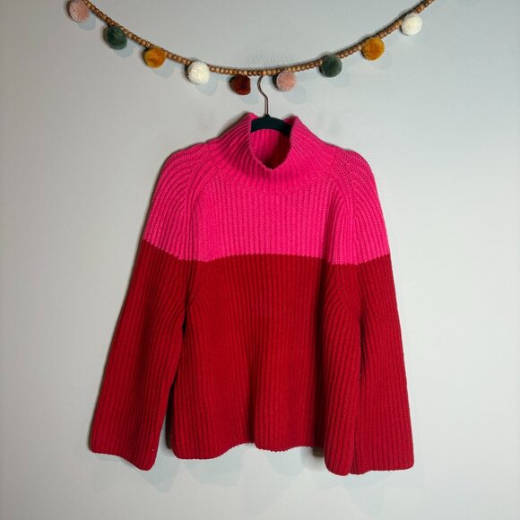 Ann Taylor pink and red color block mock neck thick sweater - Picture 2 of 6